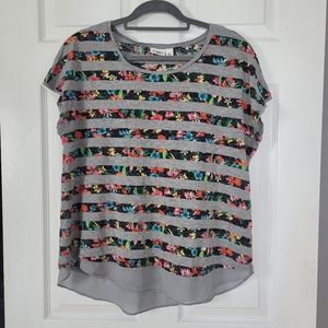 Striped Floral Tee with Sheer Hem